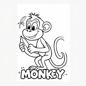 Cartoon friendly profile full-body monkey that is smiling and a solid black cartoon eye standing next to a tree while holding a banana. Also have "MONKEY" underneath it in a bubble outline to color 