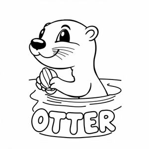 Cartoon friendly profile full-body otter that is smiling and a solid black cartoon eye swimming in a pond and holding a seashell. Also have "OTTER" underneath it in a bubble outline to color 