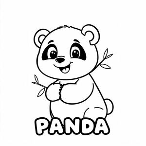 Cartoon friendly profile full-body panda that is smiling and a solid black cartoon eye with bamboo. Also have "PANDA" underneath it in a bubble outline to color 