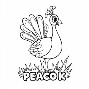 Cartoon friendly profile full-body peacock that is smiling and a solid black cartoon eye on the grass. Also have "PEACOCK" underneath it in a bubble outline to color 