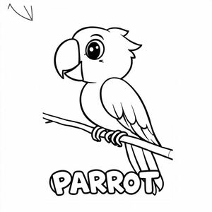 Cartoon friendly profile full-body parrot that is smiling and a solid black cartoon eye in a tree. Also have "PARROT" underneath it in a bubble outline to color 