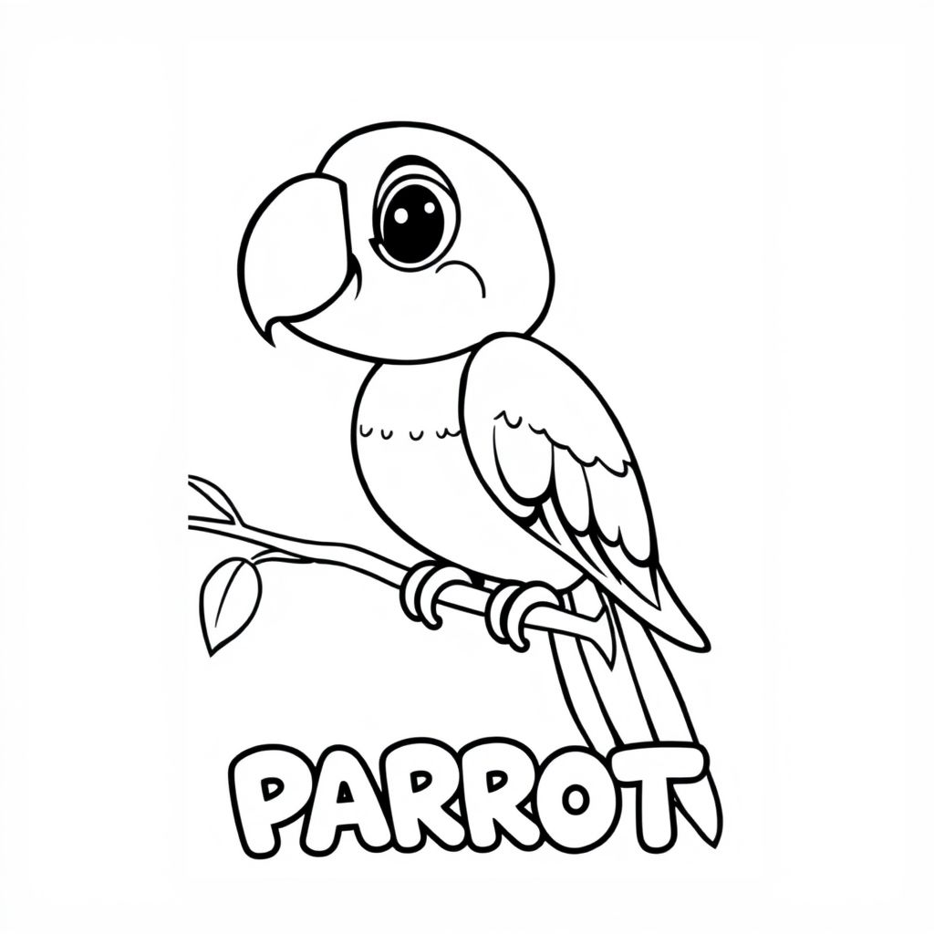 Cartoon friendly profile full-body colorful parrot that is smiling and a solid black cartoon eye in a tree. Also have "PARROT" underneath it in a bubble outline to color 