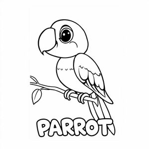 Cartoon friendly profile full-body colorful parrot that is smiling and a solid black cartoon eye in a tree. Also have "PARROT" underneath it in a bubble outline to color 
