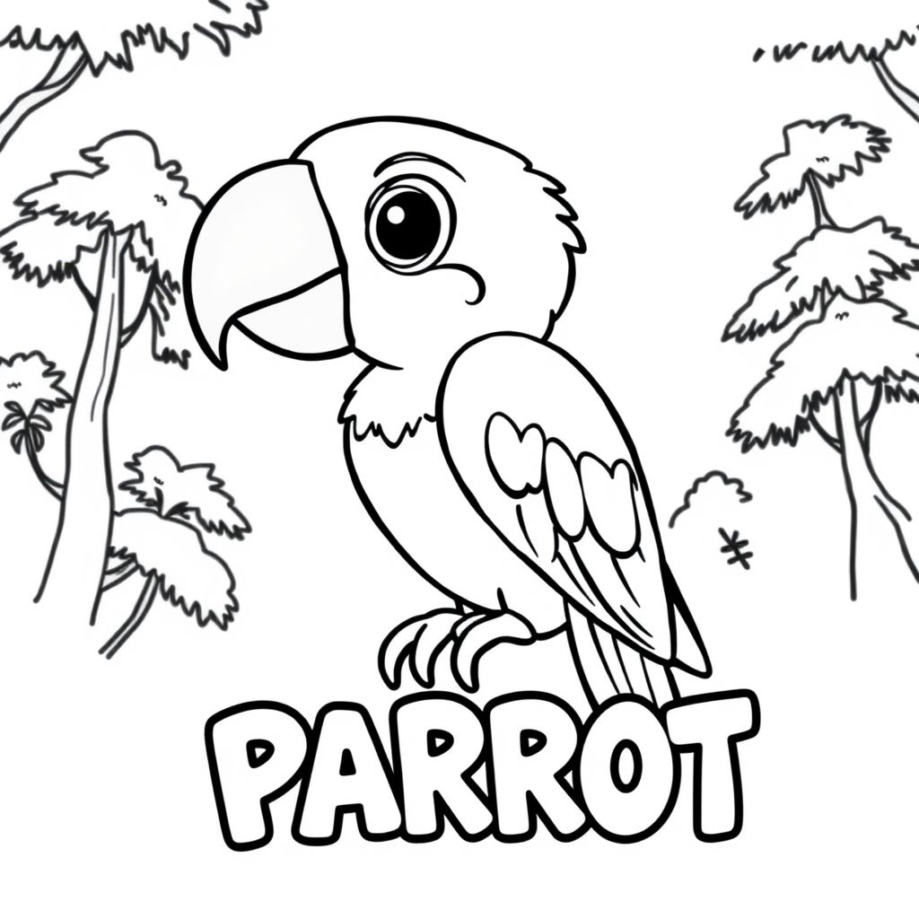 Cartoon friendly profile full-body colorful parrot and a solid black cartoon eye with trees in the background. Also have "PARROT" underneath it in a bubble outline to color 