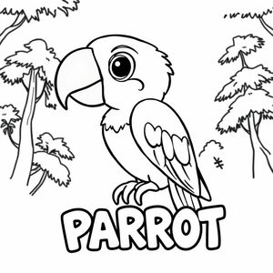 Cartoon friendly profile full-body colorful parrot and a solid black cartoon eye with trees in the background. Also have "PARROT" underneath it in a bubble outline to color 