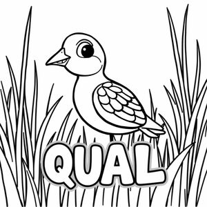 Cartoon friendly profile full-body quail that is smiling and a solid black cartoon eye in the tall grass. Also have "QUAIL" underneath it in a bubble outline to color 