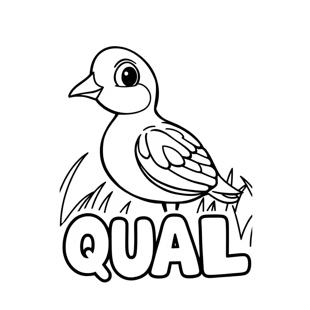 Cartoon friendly profile full-body quail that is smiling and a solid black cartoon eye in the grass. Also have "QUAIL" underneath it in a bubble outline to color 