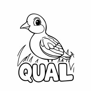Cartoon friendly profile full-body quail that is smiling and a solid black cartoon eye in the grass. Also have "QUAIL" underneath it in a bubble outline to color 