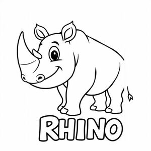 Cartoon friendly profile full-body rhinoceros that is smiling and a solid black cartoon eye in the safari. Also have "RHINO" underneath it in a bubble outline to color 