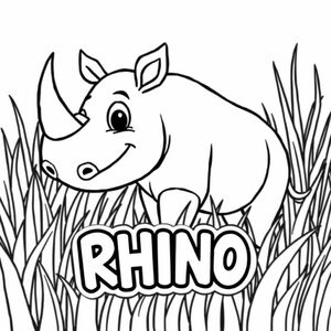 Cartoon friendly profile full-body rhino that is smiling and a solid black cartoon eye in the tall grass. Also have "RHINO" underneath it in a bubble outline to color 