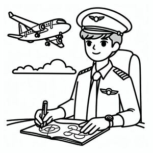 A man in uniform writing on a clipboard with an airplane in the background