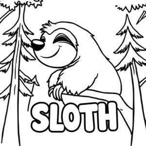 Cartoon friendly profile full-body sloth that is smiling and a solid black cartoon eye with trees in the background. Also have "SLOTH" underneath it in a bubble outline to color 