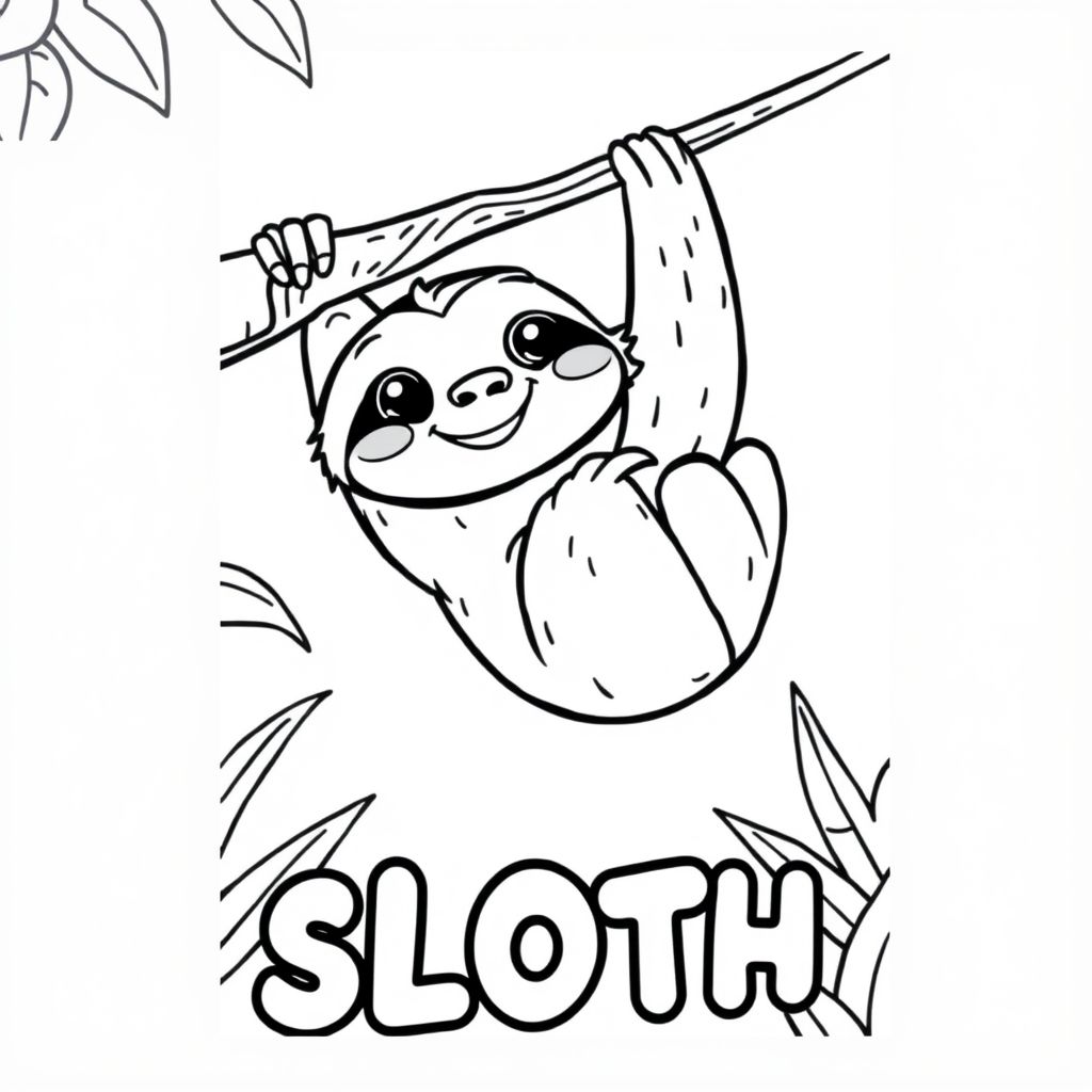 Cartoon friendly sloth that is smiling and also hanging from a branch in the jungle. Also have "SLOTH" underneath it in a bubble outline to color 