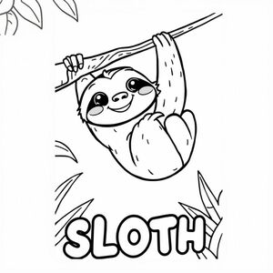 Cartoon friendly sloth that is smiling and also hanging from a branch in the jungle. Also have "SLOTH" underneath it in a bubble outline to color 