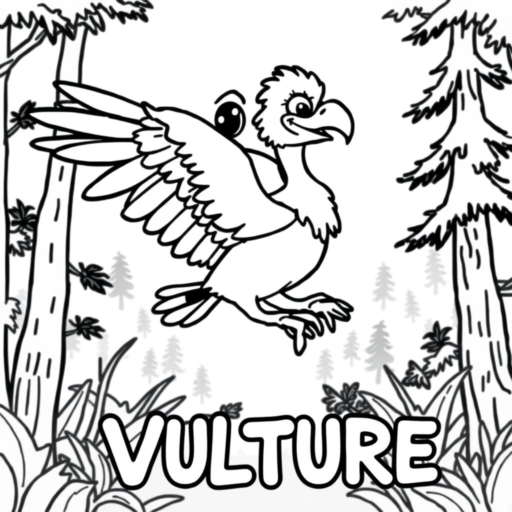 Cartoon friendly profile full-body vulture that is smiling and a solid black cartoon eye flying in the forrest. Also have "VULTURE" underneath it in a bubble outline to color 