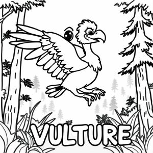 Cartoon friendly profile full-body vulture that is smiling and a solid black cartoon eye flying in the forrest. Also have "VULTURE" underneath it in a bubble outline to color 