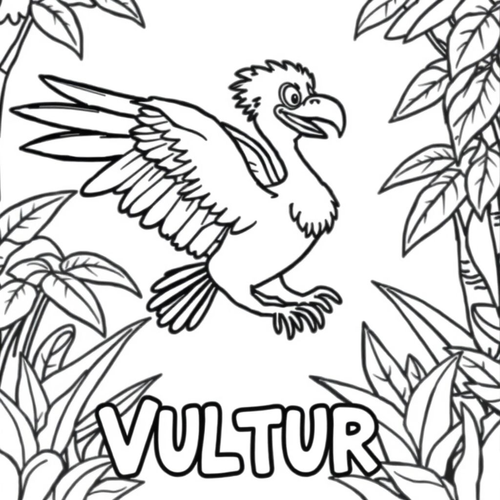 Cartoon friendly profile full-body vulture that is smiling and flying in the jungle. Also have "VULTURE" underneath it in a bubble outline to color 
