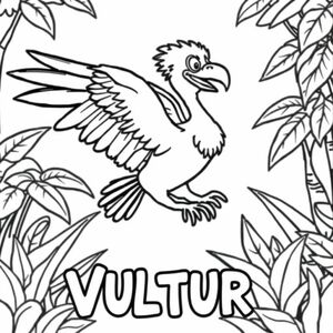 Cartoon friendly profile full-body vulture that is smiling and flying in the jungle. Also have "VULTURE" underneath it in a bubble outline to color 