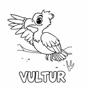 Cartoon friendly profile full-body vulture that is smiling and a solid black cartoon eye on flying through the dessert. Also have "VULTURE" underneath it in a bubble outline to color 