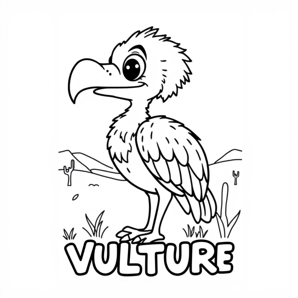 Cartoon friendly profile full-body vulture that is smiling and a solid black cartoon eye in the dessert. Also have VULTURE underneath it in a bubble outline to color 