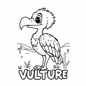 Cartoon friendly profile full-body vulture that is smiling and a solid black cartoon eye in the dessert. Also have VULTURE underneath it in a bubble outline to color 