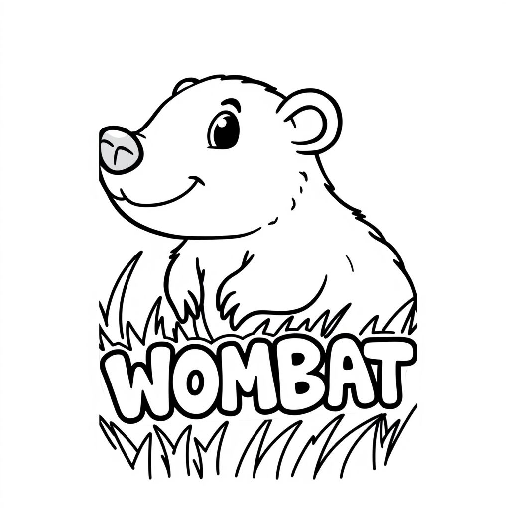 Cartoon friendly profile full-body wombat that is smiling and a solid black cartoon eye in the grass. Also have "WOMBAT" underneath it in a bubble outline to color 