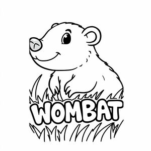 Cartoon friendly profile full-body wombat that is smiling and a solid black cartoon eye in the grass. Also have "WOMBAT" underneath it in a bubble outline to color 