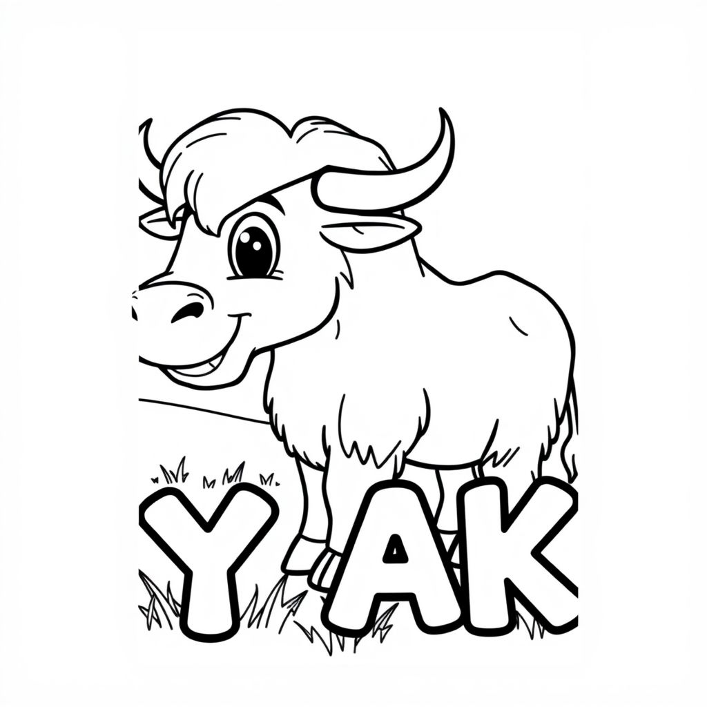 Hồ sơ thân thiện với hoạt hình yak toàn thân đang mỉm cười và một con mắt hoạt hình màu đen rắn trên đồng cỏ. Cũng có "YAK" bên dưới nó trong một đường viền bong bóng để tô màu 