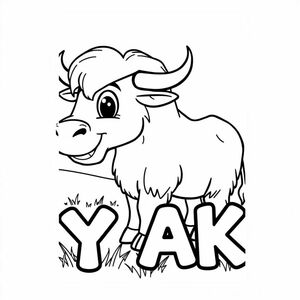 Cartoon friendly profile full-body yak that is smiling and a solid black cartoon eye in the grasslands. Also have "YAK" underneath it in a bubble outline to color 