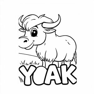 Cartoon friendly profile full-body yak that is smiling and a solid black cartoon eye in the grasslands. Also have YAK underneath it in a bubble outline to color 