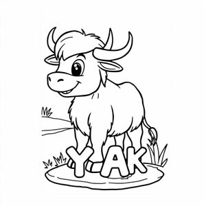 Cartoon friendly profile full-body yak that is smiling and a solid black cartoon eye standing by a pond. Also have YAK label underneath it in a bubble outline to color 