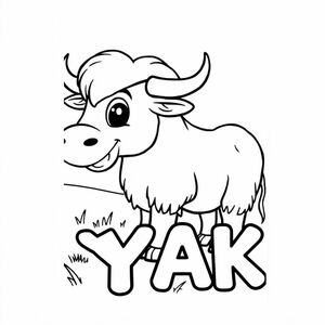 Cartoon friendly profile full-body yak that is smiling and a solid black cartoon eye in the grassland Also label "YAK" underneath it in a bubble outline to color 
