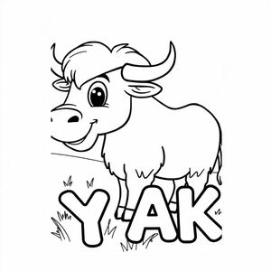 Cartoon friendly profile full-body yak that is smiling and a solid black cartoon eye in the grassland. Also label "YAK" underneath it in a bubble outline to color 