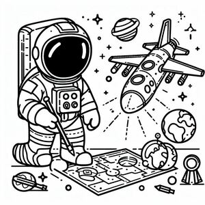 A black and white drawing of an astronaut looking at a map