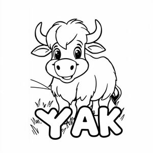 Cartoon friendly full-body yak that is smiling and a solid black cartoon eye in the grassland. Also label "YAK" underneath it in a bubble outline to color 