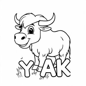 Cartoon friendly full-body profile view of a yak that is smiling and a solid black cartoon eye in the grassland. Also label YAK underneath it in a bubble outline to color 