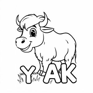Cartoon friendly profile view of a full-body yak that is smiling and a solid black cartoon eye in the grassland. Also label YAK underneath it in a bubble outline to color 