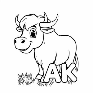 Cartoon friendly profile view of a full-body yak that is smiling and a solid black cartoon eye in the grassland. Also label "YAK" close together underneath it in a bubble outline to color 