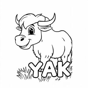 Cartoon friendly profile view of a full-body yak that is smiling and a solid black cartoon eye in the grassland. Also put a "YAK" label underneath it in a bubble outline to color 