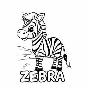 Cartoon friendly full-body zebra that is smiling and a solid black cartoon eye by an oasis. Also label "ZEBRA" underneath it in a bubble outline to color 