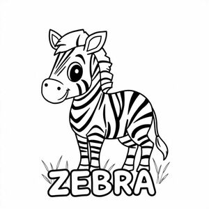 Cartoon friendly full-body zebra with blank stripes that is smiling and a solid black cartoon eye in the savannah. Also label "ZEBRA" underneath it in a bubble outline to color 