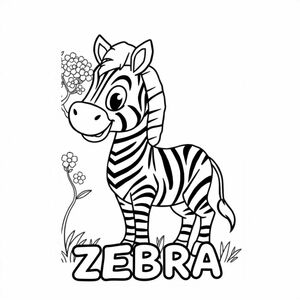 Cartoon friendly full-body zebra that is smiling and a solid black cartoon eye by a flower tree. Also label "ZEBRA" underneath it in a bubble outline to color 