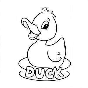 Cartoon friendly duck that is smiling and a solid black cartoon eye in a pond. Also label "DUCK" underneath it in a bubble outline to color 