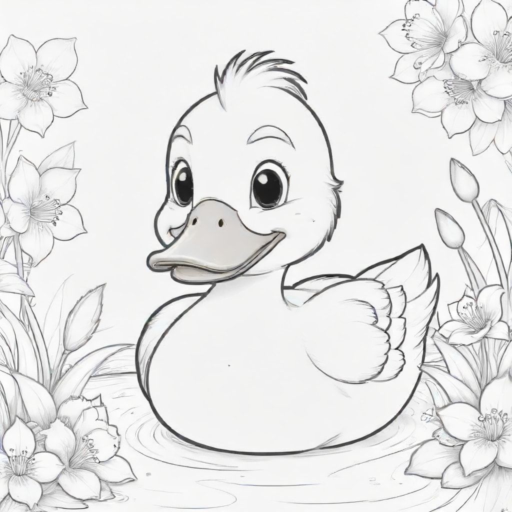 Cartoon friendly duck that is smiling and a solid black cartoon eye in a flowery pond. Also label "DUCK" underneath it in a bubble outline to color 