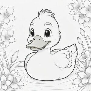 Cartoon friendly duck that is smiling and a solid black cartoon eye in a flowery pond. Also label "DUCK" underneath it in a bubble outline to color 