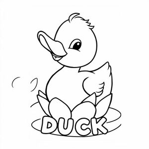 Cute duck that is smiling and a solid black cartoon eye in a lily pond. Also label "DUCK" underneath it in a bubble outline to color 