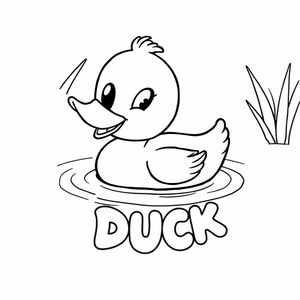 Cute friendly duck that is smiling and a solid black cartoon eye swimming in a pond. Also label "DUCK" underneath it in a bubble outline to color 