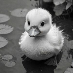 Cute friendly duckling that is smiling with solid black cartoon eyes in the pond. Also label "DUCK" underneath it in a bubble outline to color 