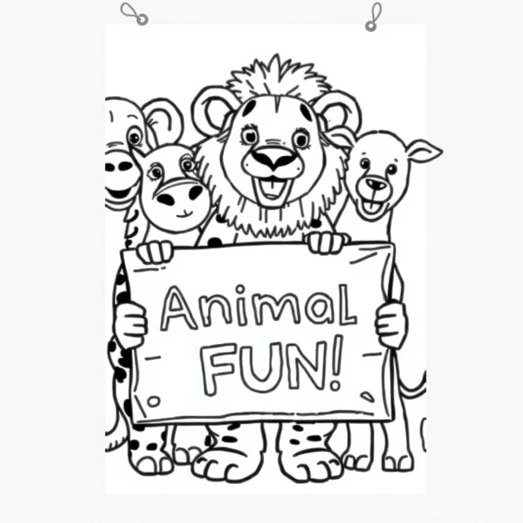 make a cover page of friendly zoo animals holding a sign saying zoo animal fun