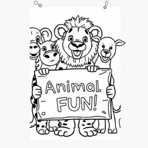 make a cover page of friendly zoo animals holding a sign saying zoo animal fun